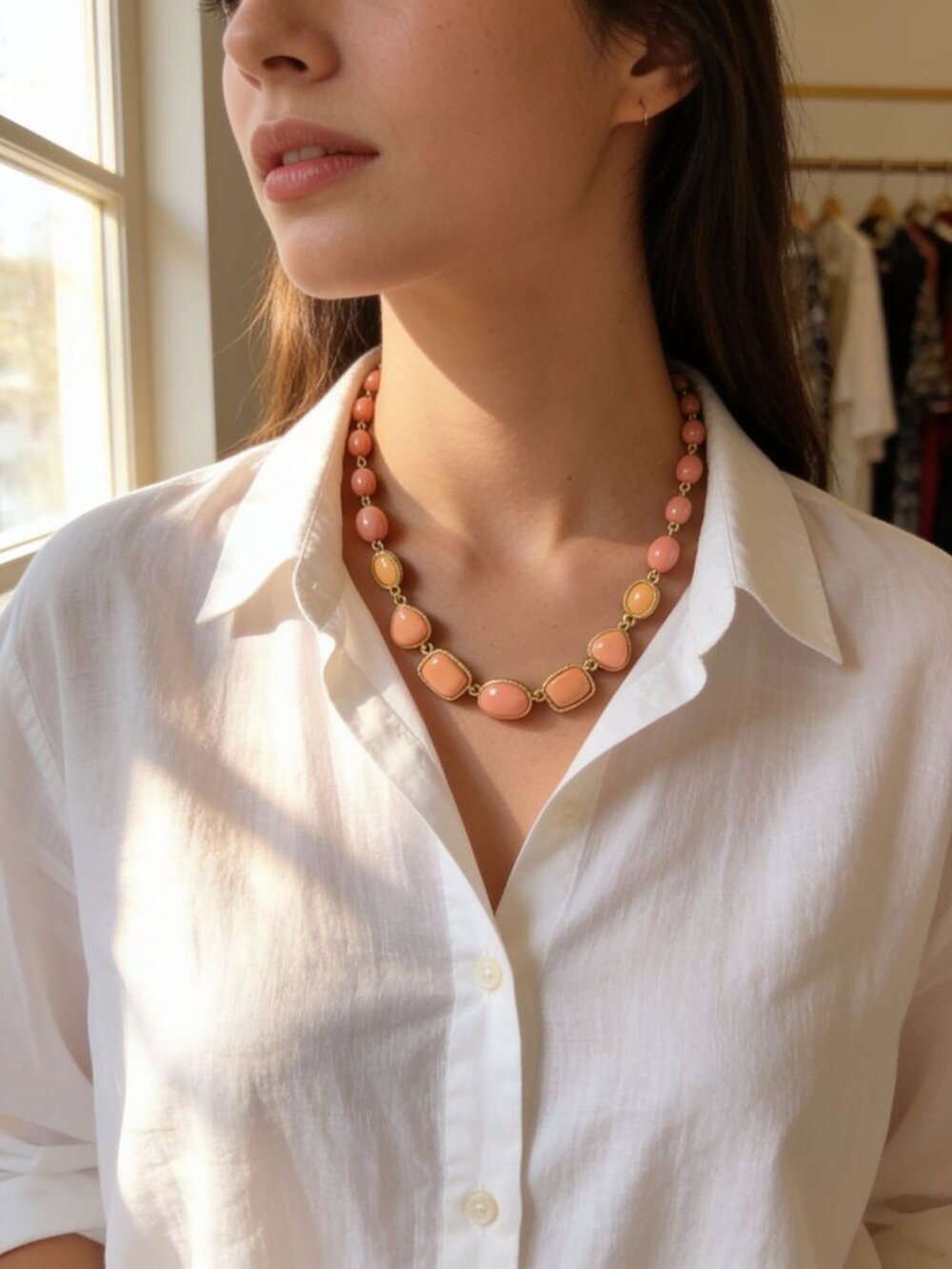 vintage monet 2-tone pink lucite beaded gold tone link adjustable necklace
